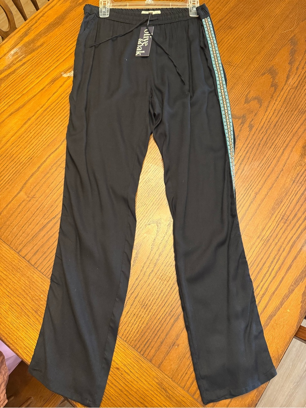 Olive & Oak Black pants with Teal Patterned Side Stripe